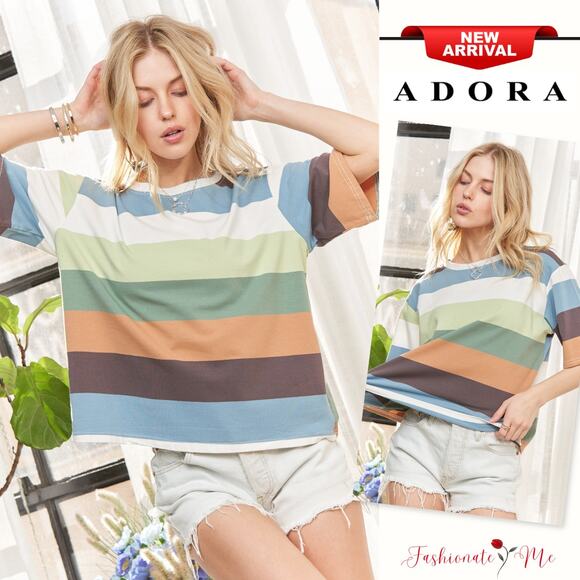 ADORA Multi Color Stripe Print Short Sleeves Round Neck Casual Top | Sage/Olive - Picture 1 of 6
